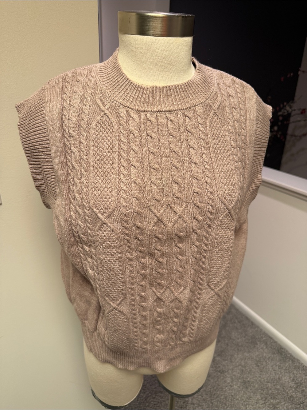 Cyrus Cable Knit Sleeveless Crewneck Vest - Blush tan